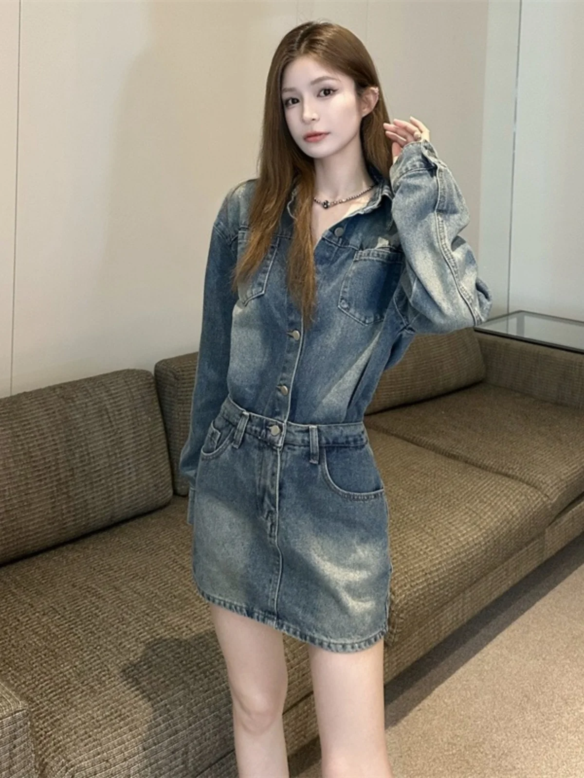 

plus Size Women's Vintage High Waist Denim Dr ort Skirt Autumn New Sle Waed Blue Jeans Dr Slimming Effect