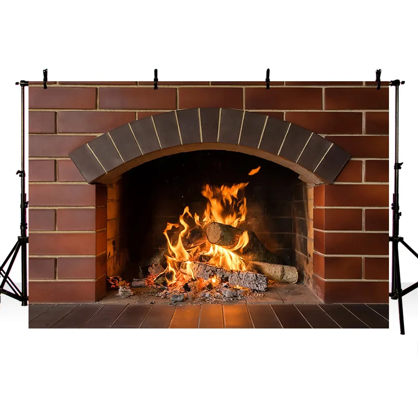 Fireplace Fire Flame Background Winter Brick Wall firewood  Christmas  Backdrop Decoration Customize Photography Studio Props