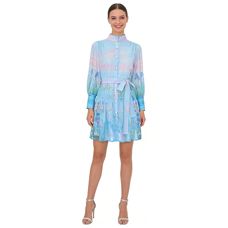 

Elegant Princess Style Dress Retro Stand Collar Lantern Sleeve Floral Print Oil Painting Style Spring Summer New Arrival Wome...
