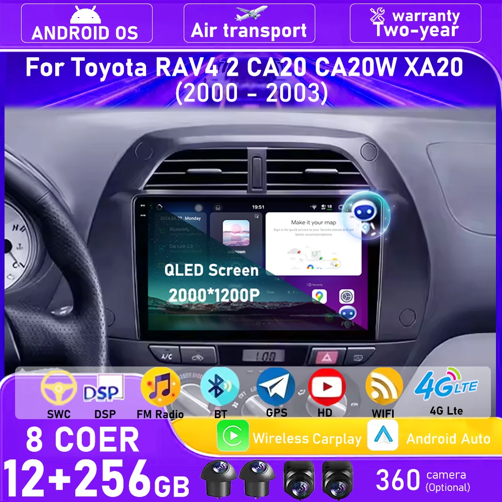 Wireless Carplay For Toyota RAV4 2 CA20 CA20W XA20 2000 - 2003 Android 16 Auto Car Radio Multimedia Player GPS Navigation BT DSP