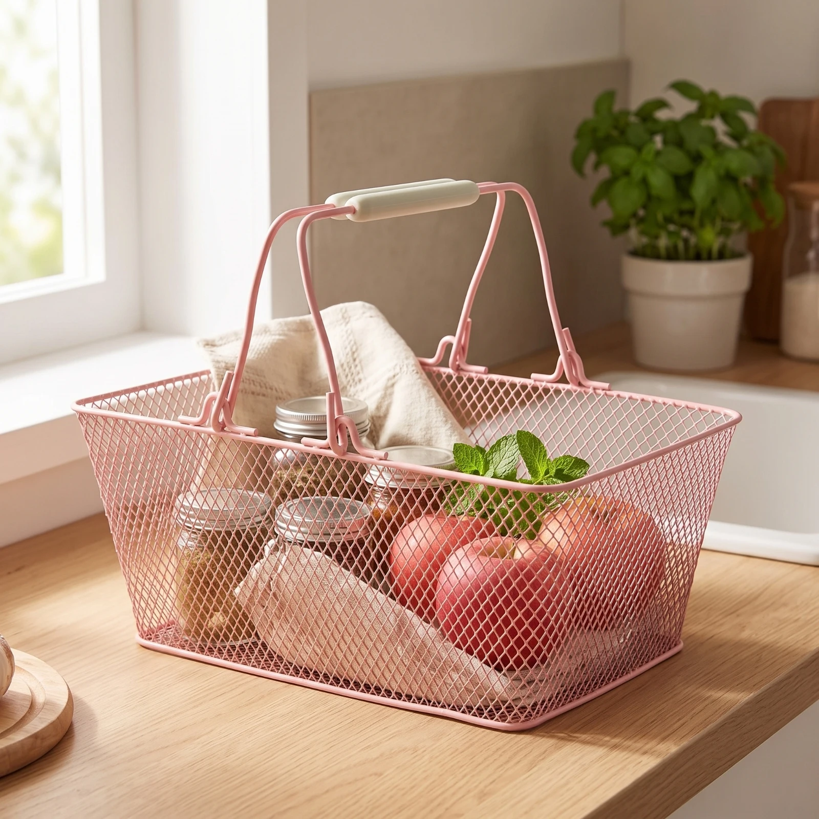 Wire Shopping Basket with Handle Portable Wire Mesh Shopping Basket Stackable Flat Base for Supermarkets, Convenience Stores