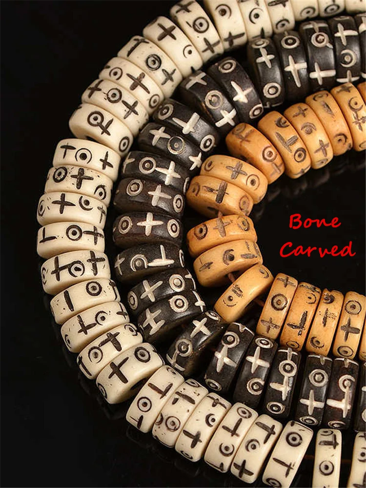 108 Beads Tibet Yak Bone Hand Carved Sun Star Cross Totem Strand Bone Coin Beads Multi Colors 8mm 10mm TSB0526