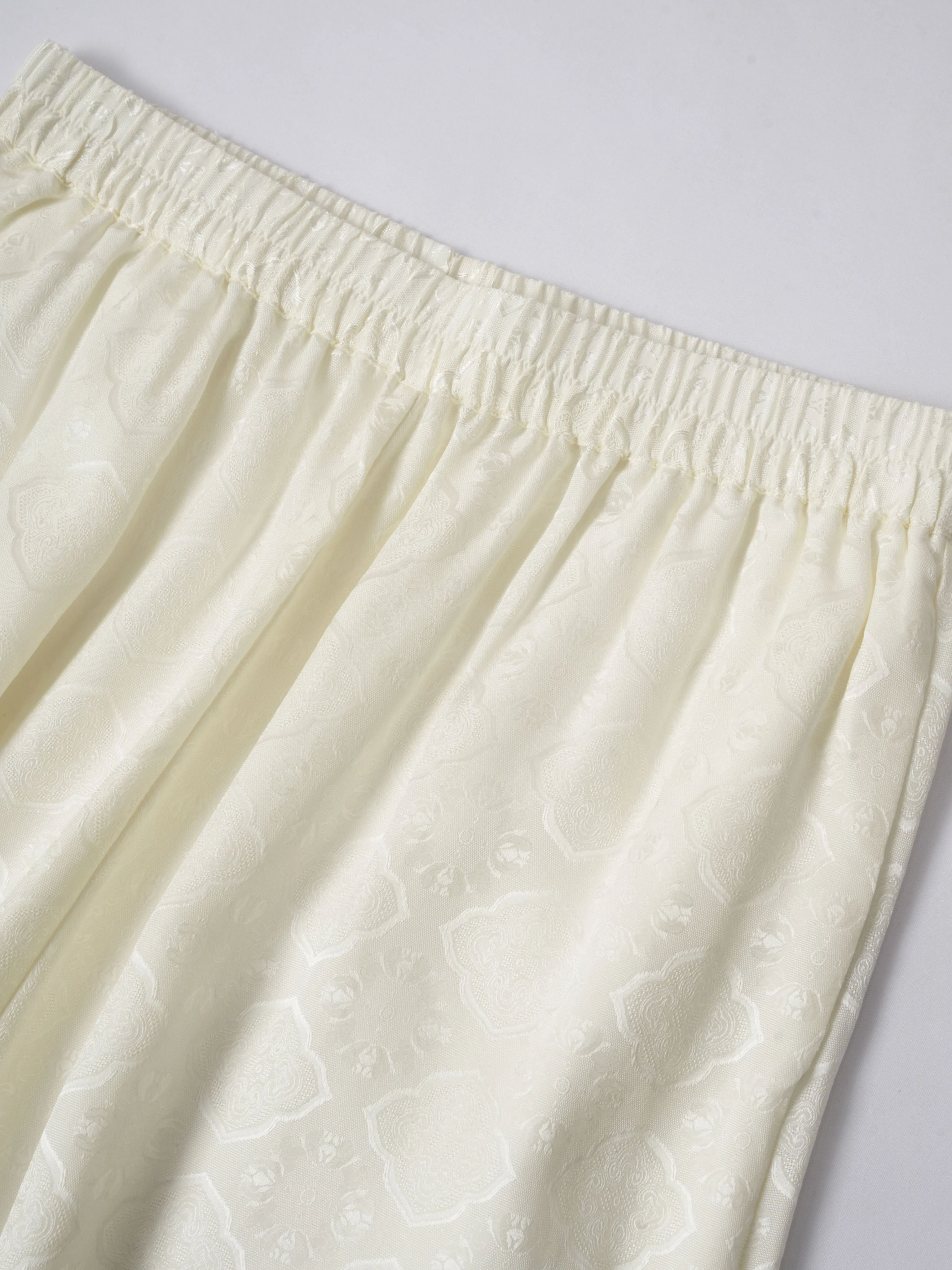 Women's Casual Exquisite Jacquard Pattern 100% Natural Mulberry Silk HuaLuo Elastic Waist White Solid Versatile Wide Leg Pants
