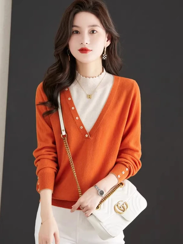 

Faionable Knitted Wool Sweater Women's f High Collar Knitwear Base Layer Top Autumn Commute Sle False Two-Piece Set