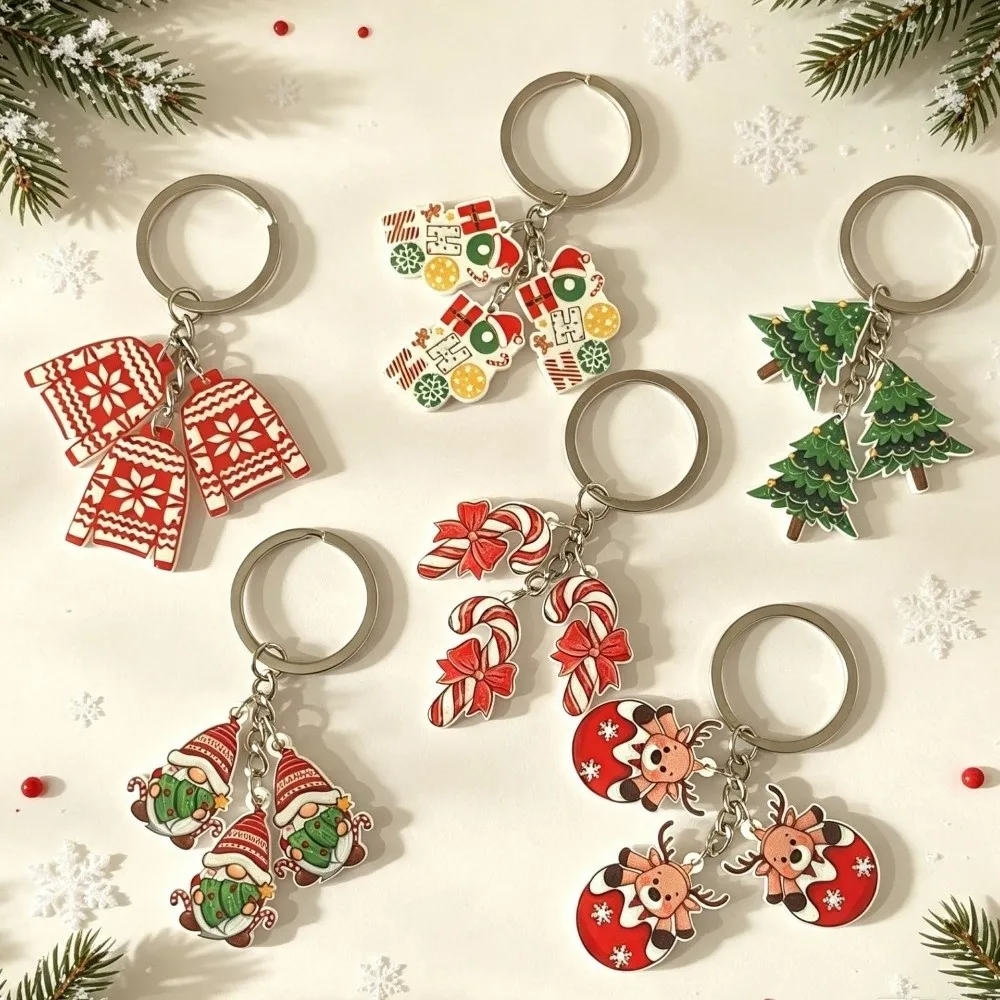 Cute Acrylic Christmas Keychain Mini Bag Accessory Keyring Charm 2D Flat Xmas Ornament Pendant Party Favor
