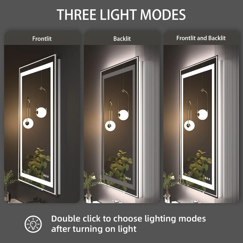 مرآة زينة LED مضادة للضباب قابلة للتعتيم، مرآة حمام أمامية وخلفية 32 × 24، درجة حرارة اللون 2700 كلفن - 6000 كلفن، جودة ممتازة