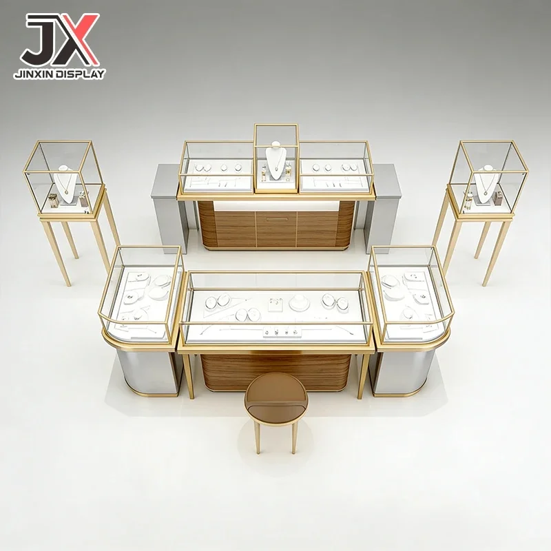 custom.Custom Luxury Wooden Jewelry Showcase LED Light Display Cabinet Lockable Counter High-End Watch Store Interior Design Dur