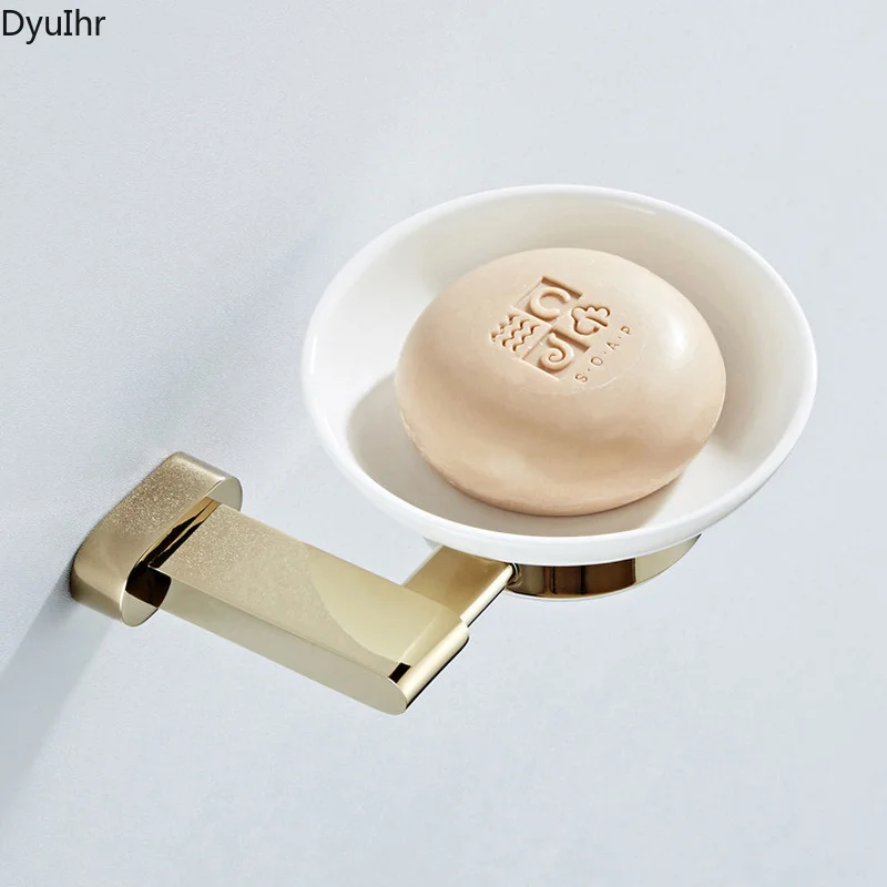 DyuIhr bathroom wall-mounted gold-plated oblate storage antique brass soap box with round ceramic soap dish bathroom accessories