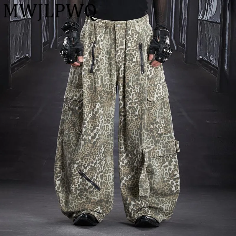

MWJLPWQ мужские деконструированные лоскутные брюки с несколькими карманами, уличные брюки-карго унисекс с леопардовым принтом и застежкой-молнией, 12845