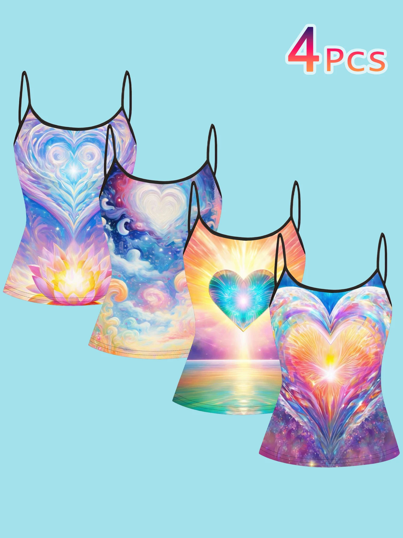 4-Piece Set of Women's Iridescent Heart Nebula Print Camisoles with Healing Glow Lotus Rainbow Light Effect Slim-Fit Spaghetti Strap Inner Tops