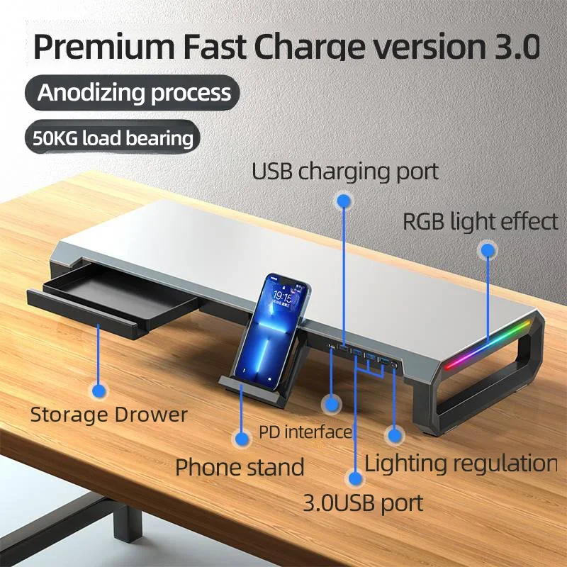 T1 Computer Monitor Lifting Stand charger3.0 Multi-function Stand Bi-Fold Computer Booster Desktop Storage Base Weight 30kg/50kg