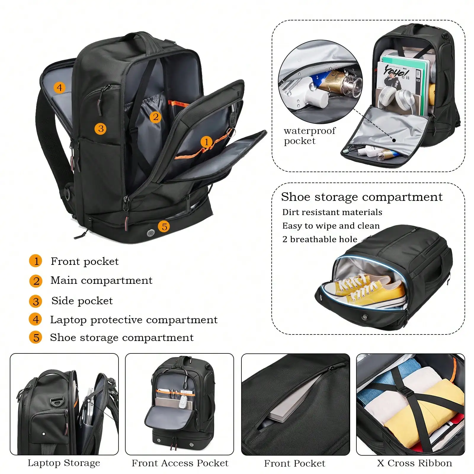 SOMAGO Laptop Backpack Carry On Water Resistant Durable 33L Travel Daypack Backpack Fits 16 Inch Laptop Anti Theft Backpack With Shoe Compartment Luggage Strap For Men Women Business College, Black