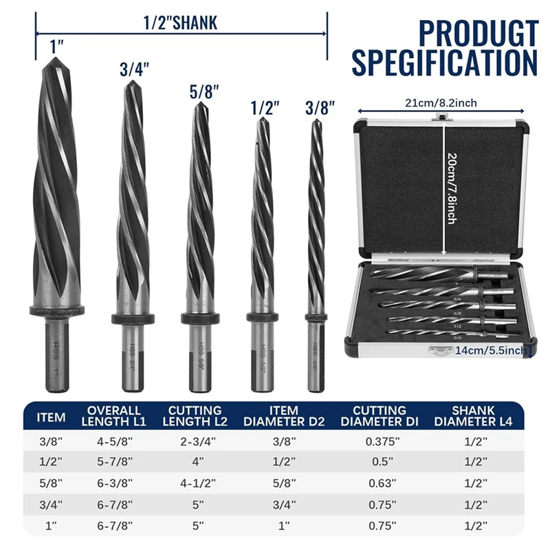 

5 PCS M2 HSS Taper Chucking Reamer Set for Steel, Metal, Wood, Alloy, 1/2" 3-Flat Shank-A23R