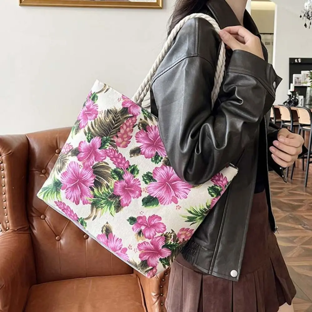 

Large Capacity Flower Printing Handbag Beach Bag Shoulder Bag Cotton Linen Tote Bag Zipper Flower Ethnic Style Handbag