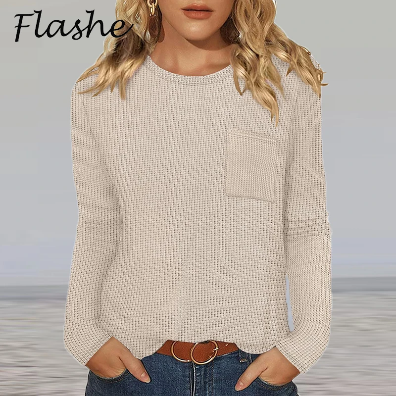 

Autumn Winter Women Long Sleeve T-Shirts Tops O Neck Loose Tee Tops Pocket Design Solid Color Loose T Shirts For Women