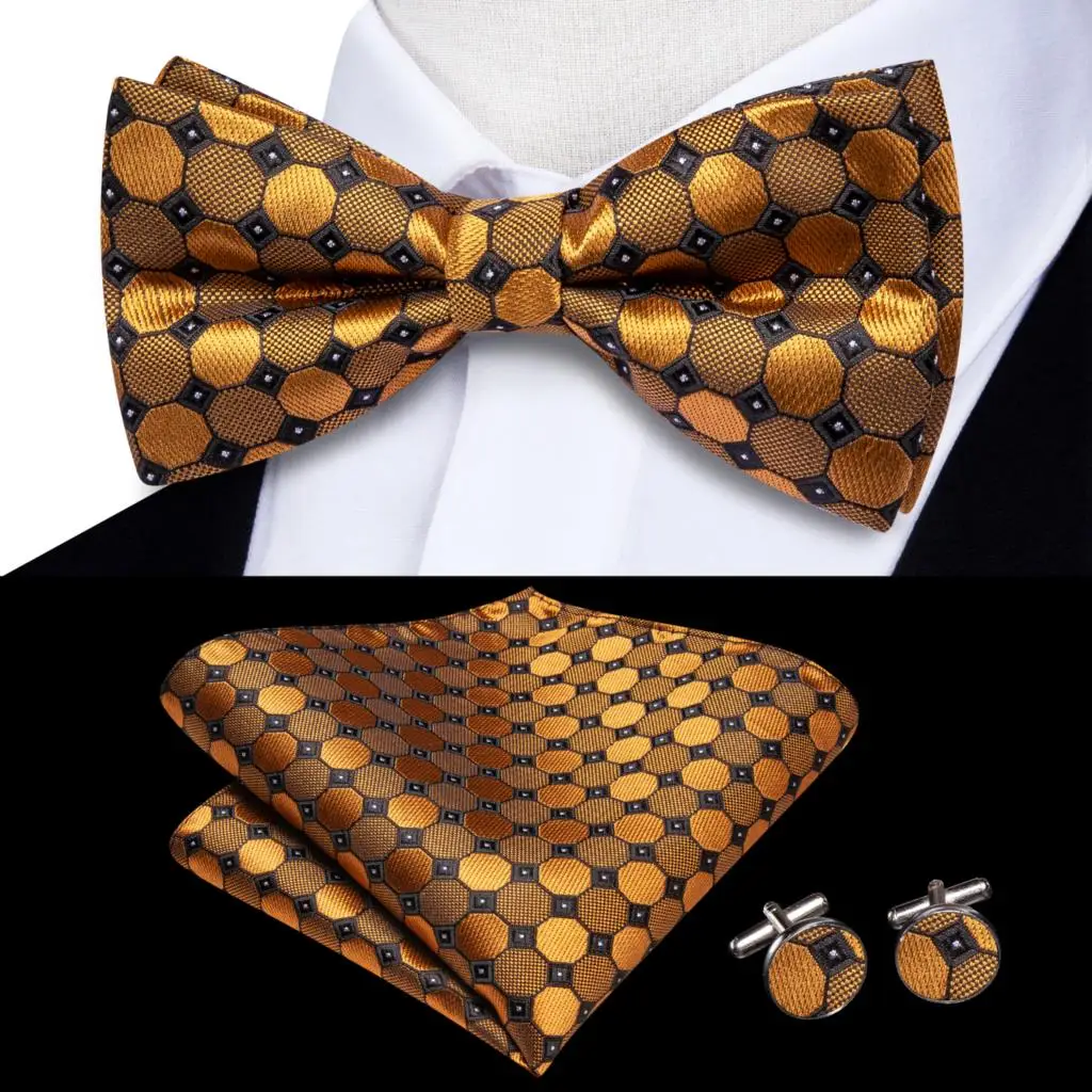 

Hi-Tie Jacquard Dot Black Gold Bowtie for Men Silk Butterfly Tie Bow Tie Hanky Cufflinks Wedding Party Gift Bowtie Wholesale