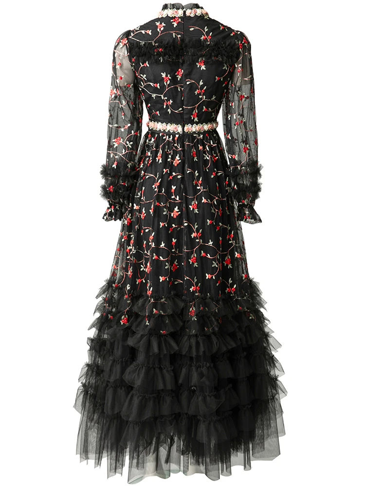 DSFACAIRIJ Women's Vintage Floral Embroidery Maxi Dress Stand Collar Lantern Sleeve Ruffles Appliques Mesh Autumn Female