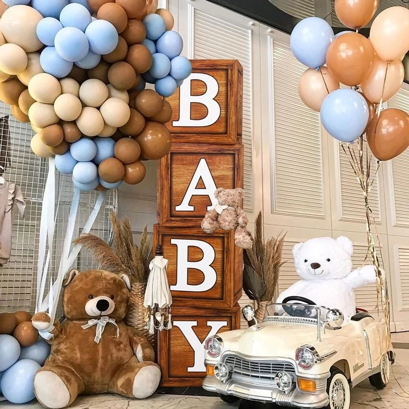 Scatola per baby shower con venature del legno Scatole per palloncini per bambini Decorazioni per la prima festa di compleanno Orsetto per bambini