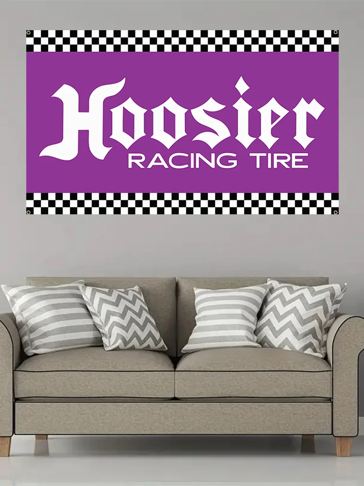 Hoosier Racing Tire Flag Tapestry,Pink Checkered Border,"Hoosier Racing Tire" Design, Ideal for Outdoor,or Man Cave Decor