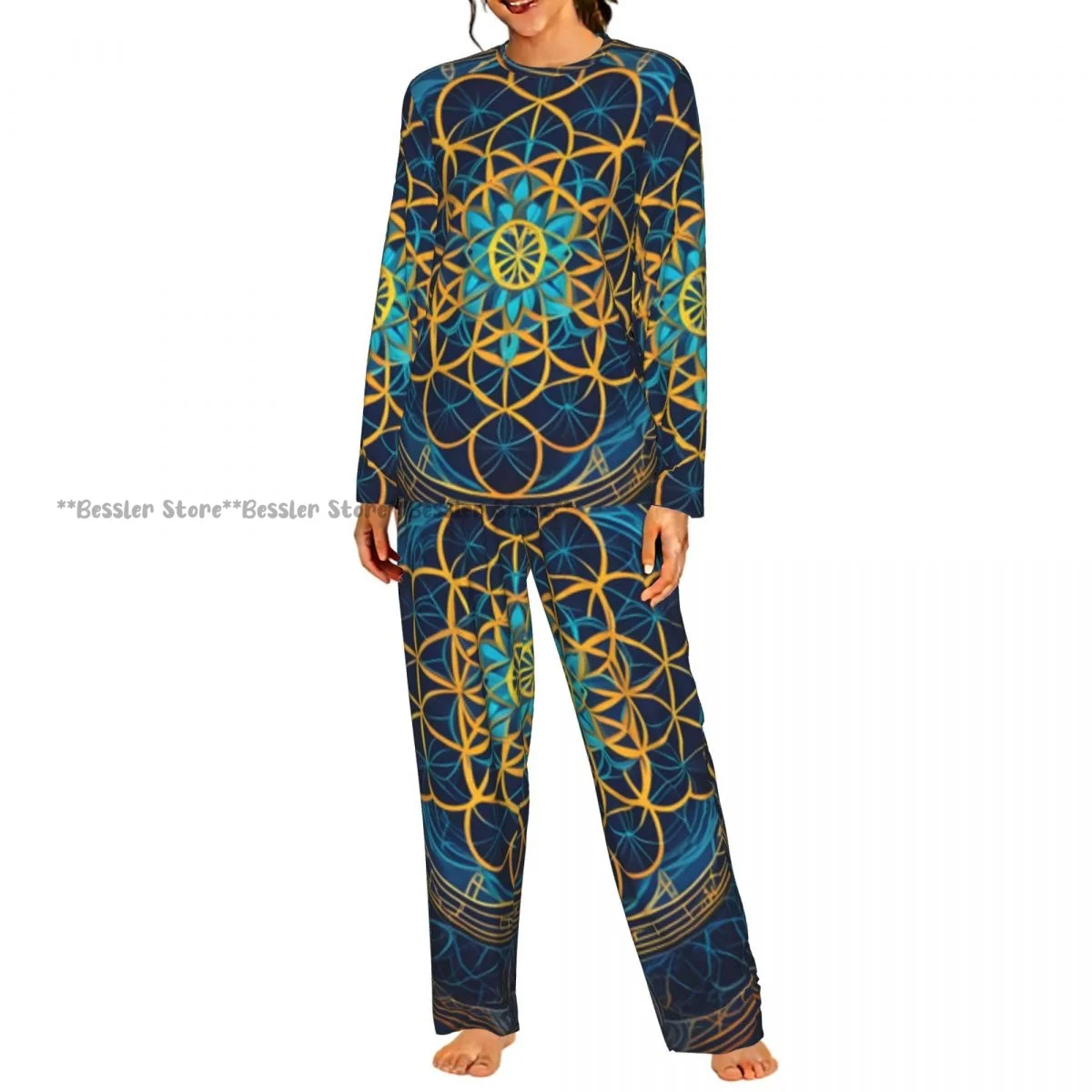 2 Piece Loungewear Women Pajama Sets Colorful Mandala Print Soft Homewear Sleepwear Long Sleeve Nightwear