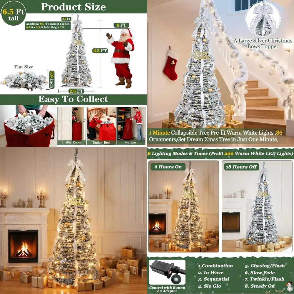 

6.5ft Pre-lit Flocked Christmas Tree with 200 LEDs, 1-Minute Setup, 86 Ornaments, 8 Light Modes, Timer, Fire-Resistant, Indoor/O