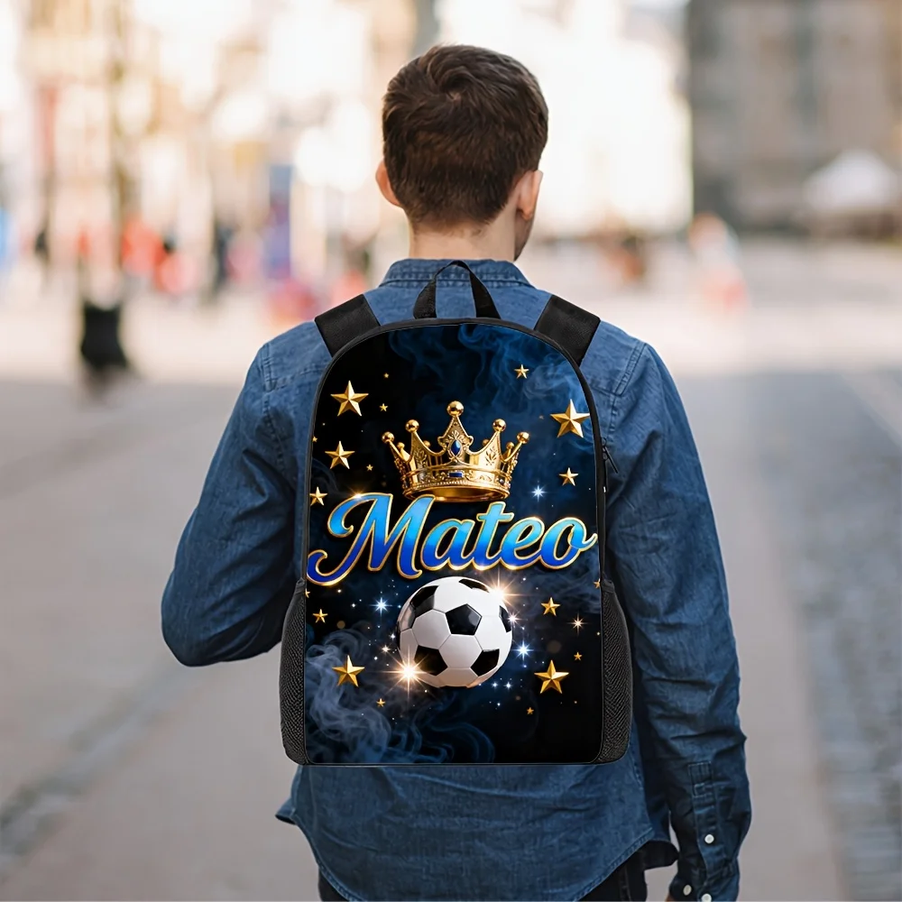 3pcs Backpack,Lunch Box,Pencil Case, 1 Mateo Crown Soccer Ball Name Design Laptop Backpack Starry Sky Pattern School Travel Bag