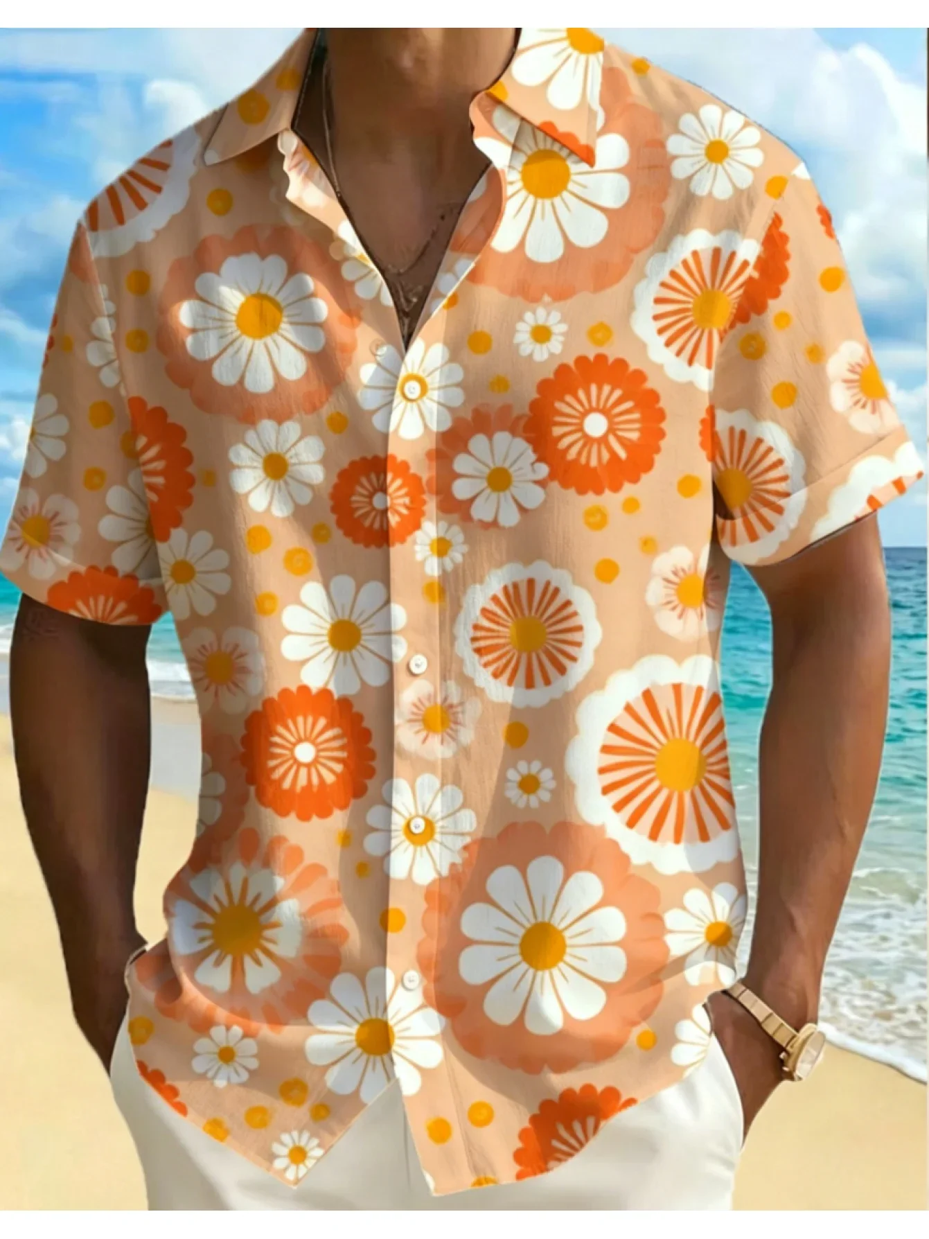 Summer Aloha Shirt For Men Cute Daisy Flower All Over Print Loose Short Sleeve Holiday Daily Tops