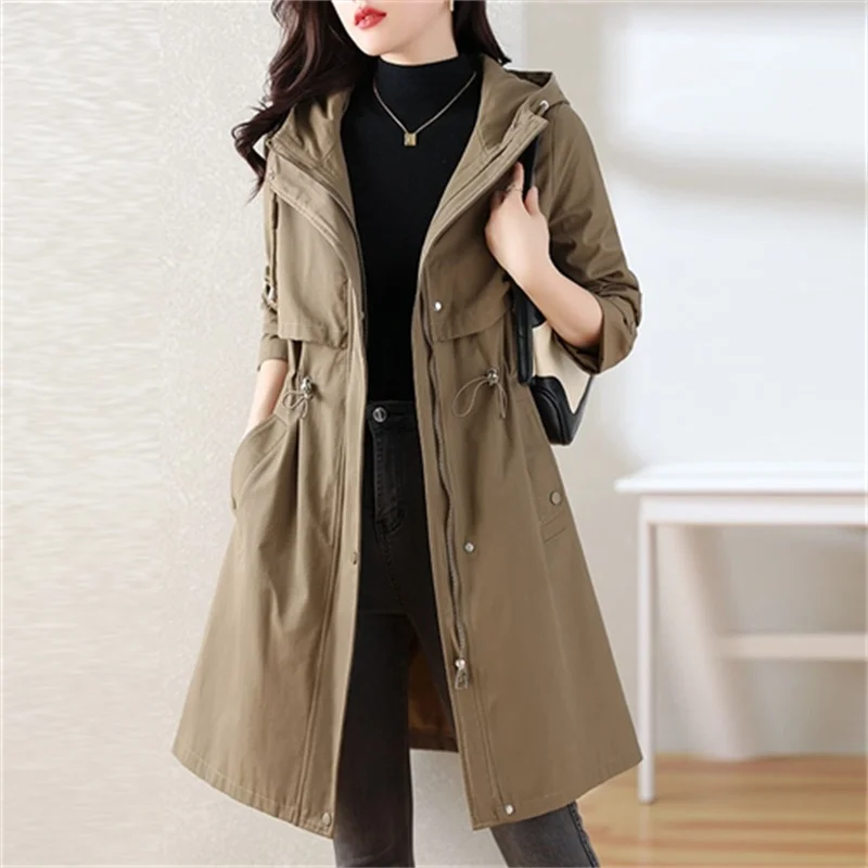 

2025 High-quality Spring Autumn Long Trench Coat Women Hooded Outerwear Windbreaker Casual Overcoat Lady Tops Loose Cloak Coats