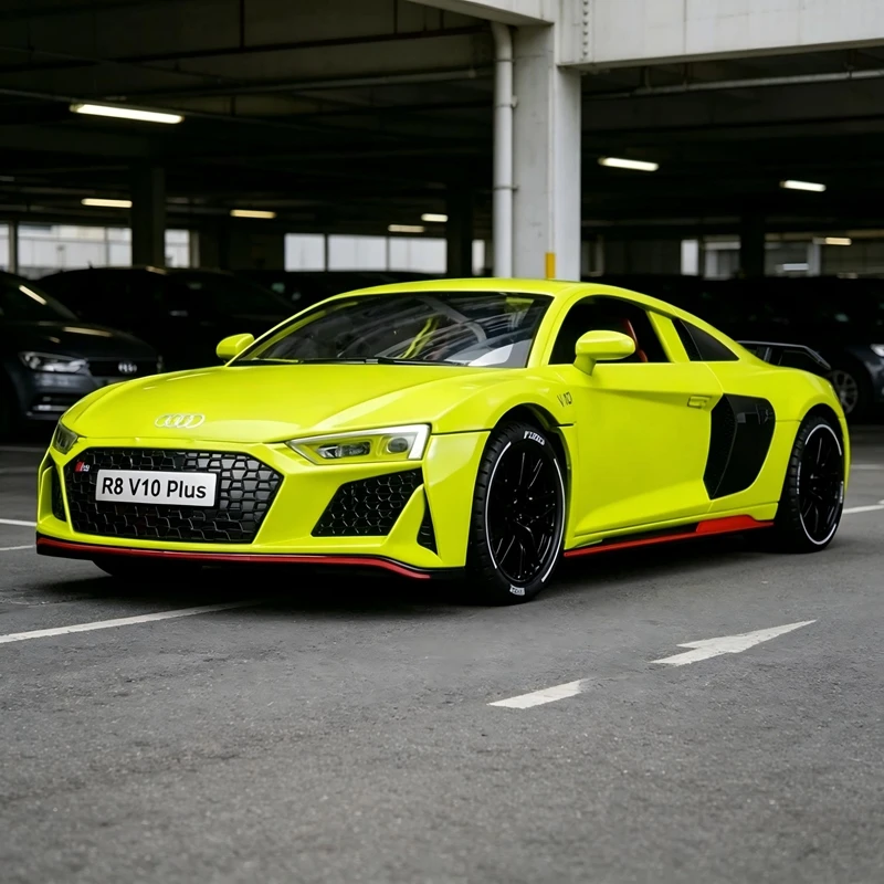 

Модель автомобиля Audi R8 V10 из сплава металла в масштабе 1:24. Двери, передний капот и крышка багажника также открываются, с функциями звука и света.