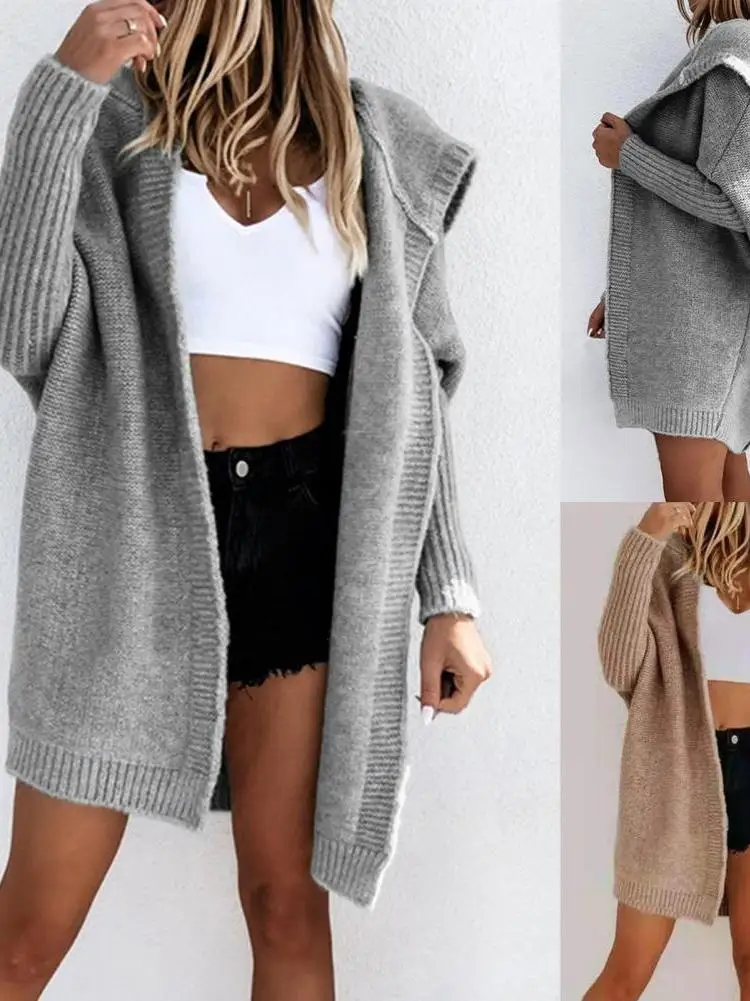 

Street Sle Hooded Knitted Cardigan Medium Length Sweater with Dstring Fiber Blend Long Sve Moisture ng round Ne