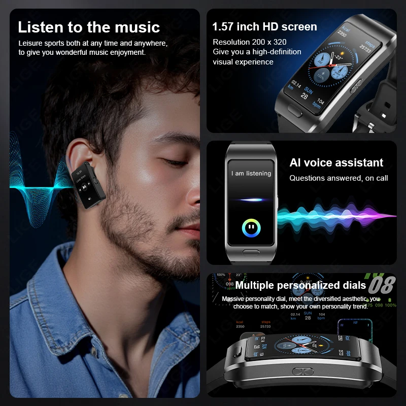 LIGE TWS 2 In 1 Men Women Smart Watch ECG GPS Waterproof Heart Rate Blood Oxygen Bluetooth Earphone Make Phone Calls 2026 New