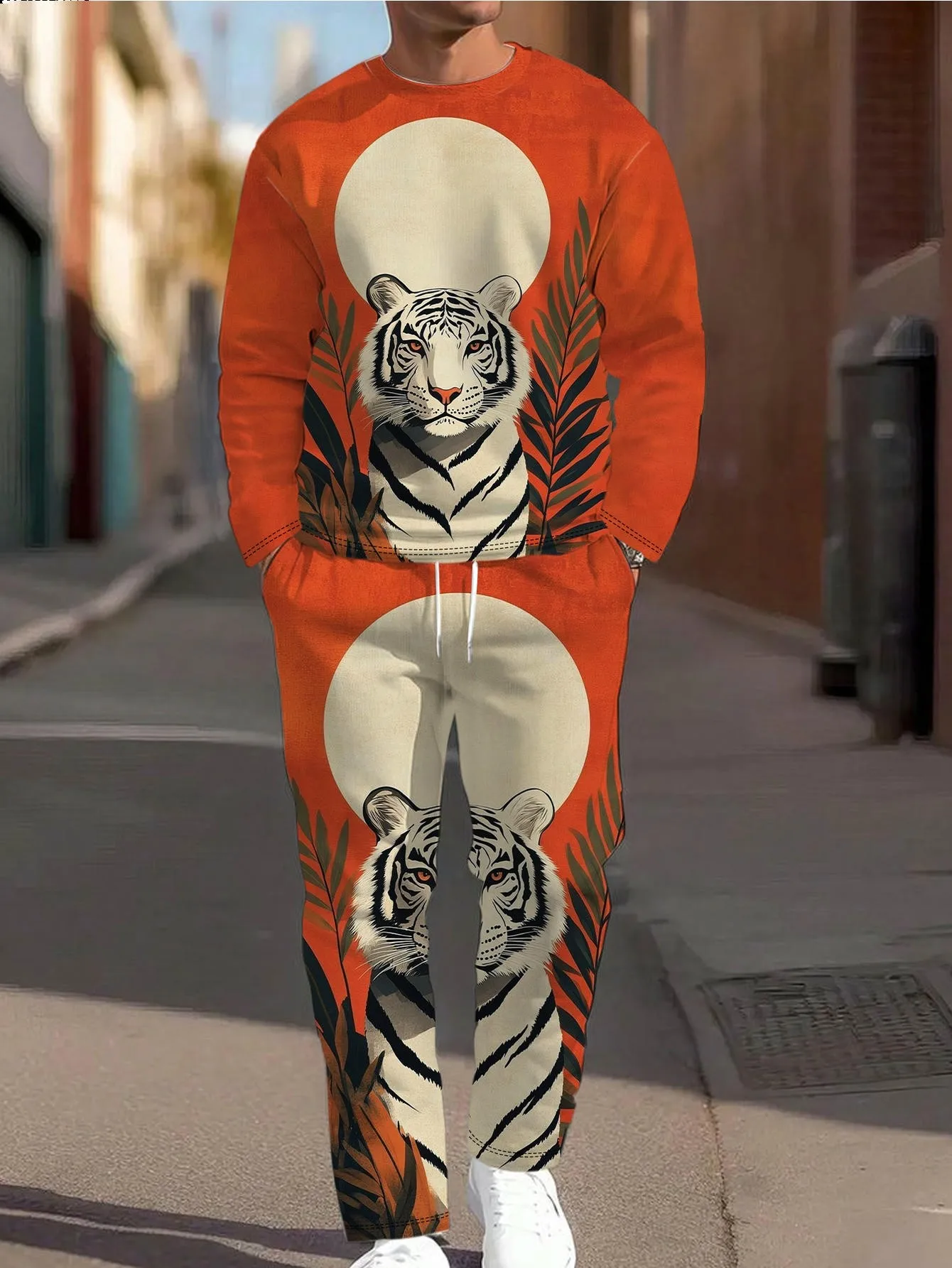 2026 Autumn/Winter New Style Simple Casual Fashion-Comfortable Soft 3D Tiger Pattern Printed Men's Round-neck Sweatshirt Set