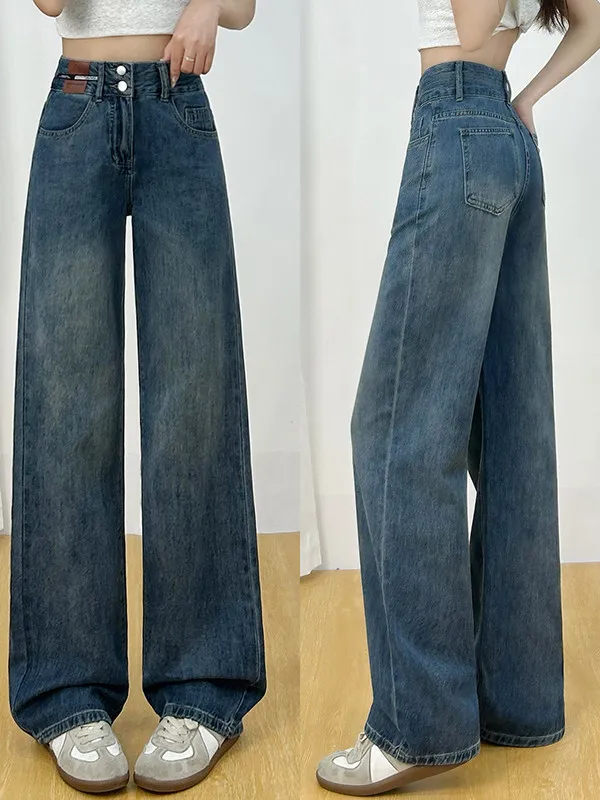 

American Retro High Waist Wide Leg Jeans Women's Spring Summer Thin Double Buckle Slimming Fashion Drape Straight Floor-Lengt...