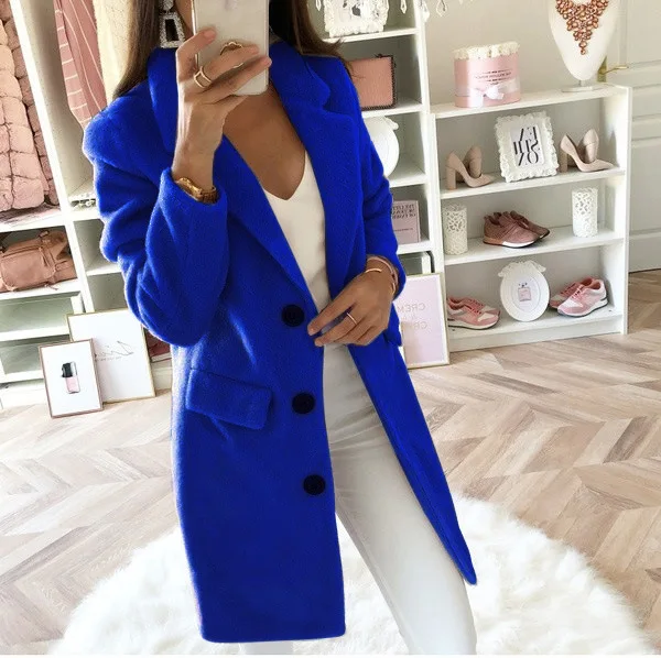 Eleganter Damen-Mantel mit Reverskragen und Knopfleiste, Flauschiger Mid-Coat, Locker Geschnitten, Modische Büro- und Pendler-Winterjacke – Detail 7