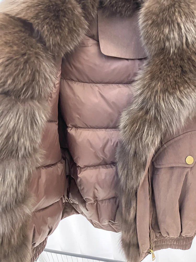 جديد فاخر الشتاء المرأة الطبيعية ريال فوكس الفراء طوق معاطف أوزة أسفل سترة الدنيم سترة أبلى الإناث عادية
