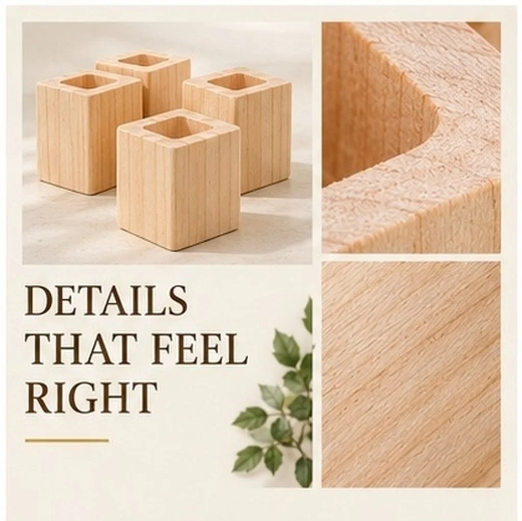4 Pcs Solid Wood Furniture Risers – Square Bed Sofa Table Legs Lifters for Height Adjustment