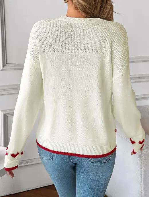 

2025 Autumn and Winter Simple Fashion Color Blocked Love Jacquard Knitted Sweater Women's Cute Casual Style Knitted Sweater