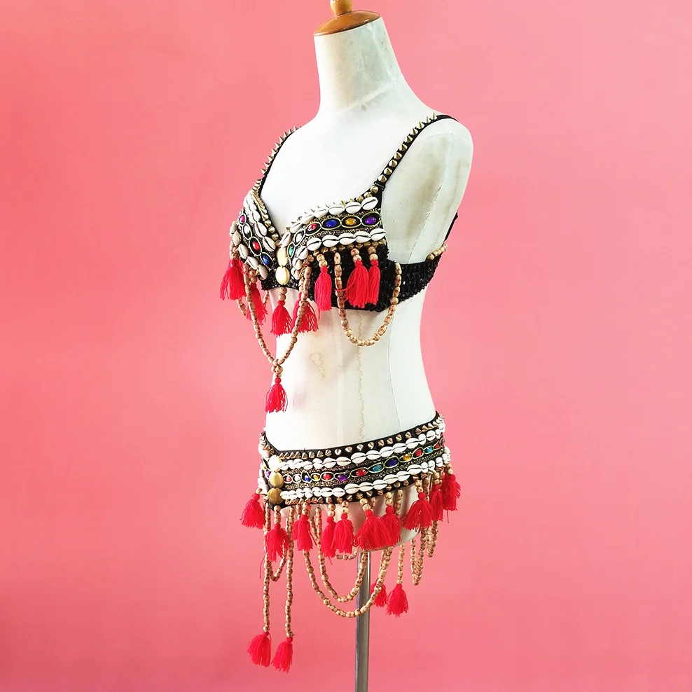 Adult Egypt Tribal Costume Belly Dance 2 pieces  Belly dance Belt Beaded Bra Top Bellydance Costume ATS Belly Dancing Clothes