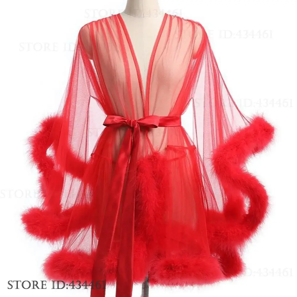 Sexy Feather Robe Large Size Seductive Mesh Perspective Kimono Bathrobe Passionate Waist Tightening Robe Dressing Gown Bridal