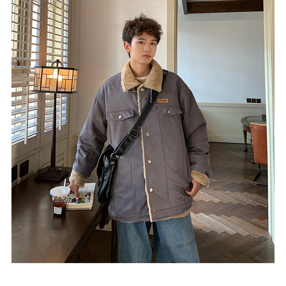 Autumn Winter American Retro Suede Warm Khaki Cotton Jacket Unisex Thickened Gray and Dark Blue Casual Cotton Coat