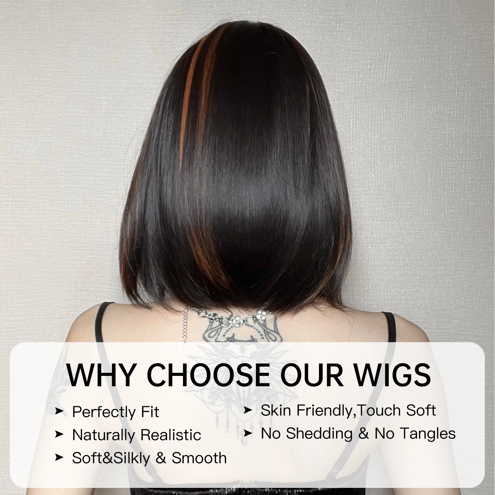 Dark Brown Highlight Short Straight Synthetic Wigs with Bangs for Women Cosplay Party Daily Bob Hair Wig Heat Resistant Fibre