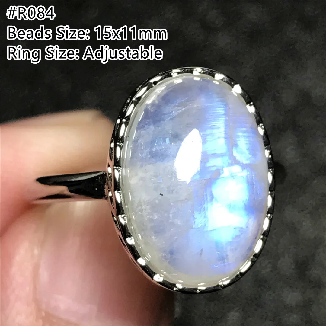 Natural Blue Light Moonstone Ring Silver For Women Healing Luck Gift Crystal Oval Beads Stone Gemstone Adjustable Ring AAAAA