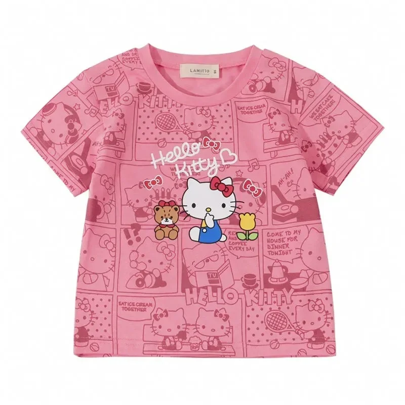 Sanrio Hello Kitty Child T-shirts Cartoon Anime Girls Summer Short Sleeves Kids Top Infant Outfit Casual Breathable Kid Clothes