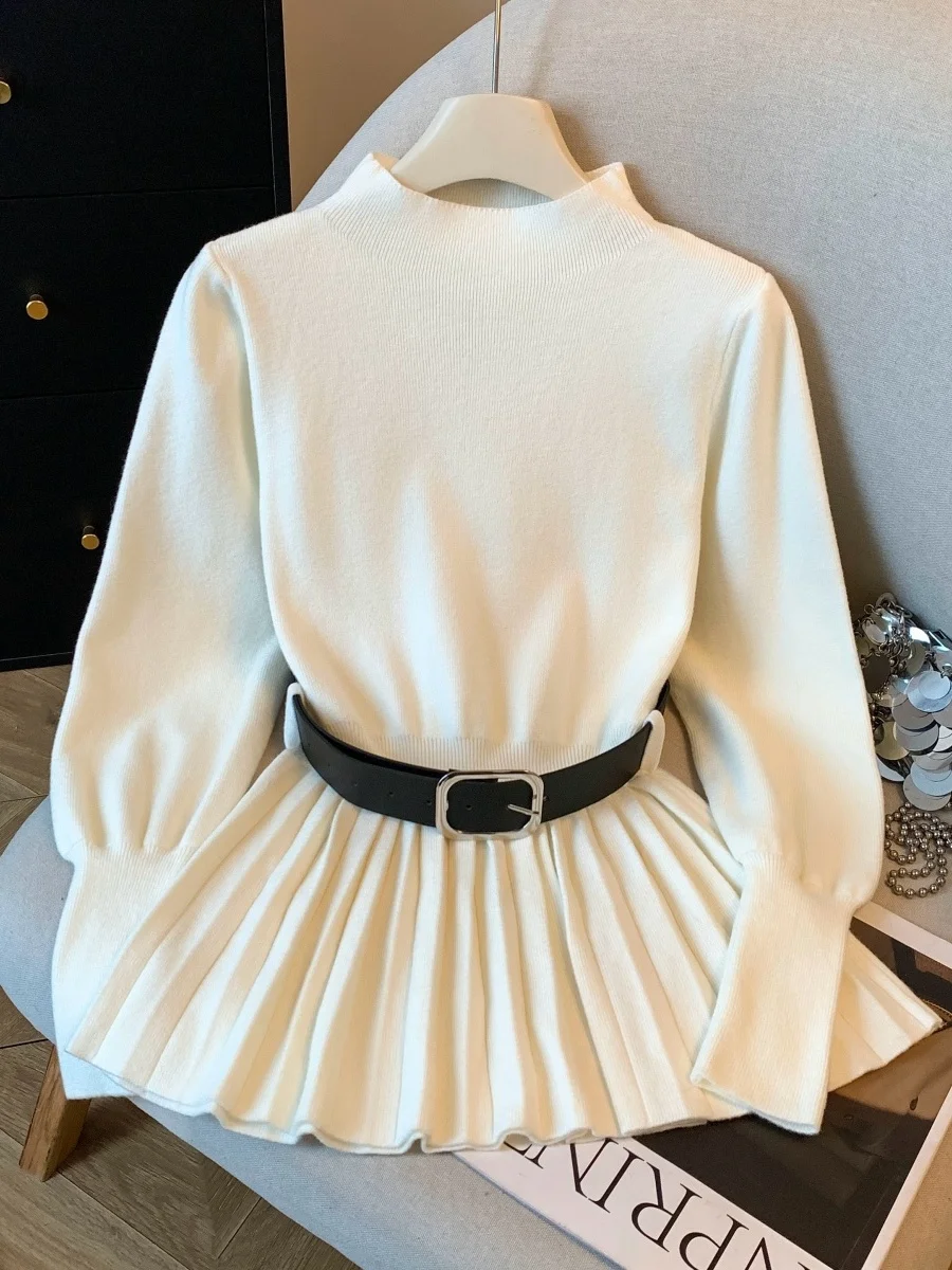 

French Style Slim Fit Knitted Base Shirt Women Winter Fur Inner Wear Long Lantern Sleeve High Neck Top Soft Nylon Material