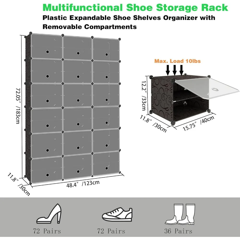 Shoe Rack, 12-Tier Organizer 72 Pairs Shoes Storage Organizer, Plastic Expandable Shelf,Shoe Cabinet