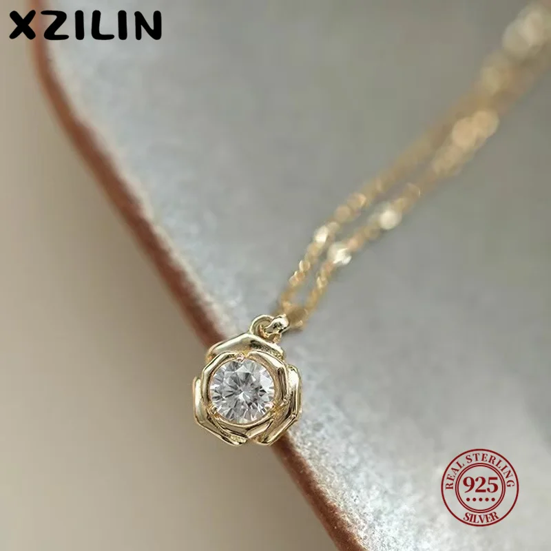 

XZiLin S925 Sterling Silver French Abstract Rose Flower Pendant Necklace Women Charm Fashion Wedding Plating 14k Gold Jewelry
