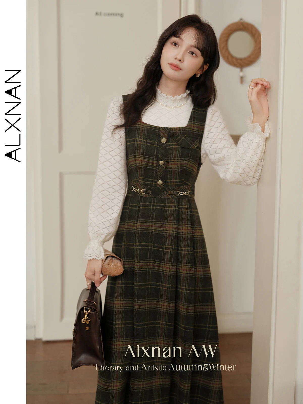 

ALXNAN Women's Plaid Dresses Square Collar Sleeveless Metal Chain A-line Camisole Dress 2024 Fall Winter Sold Separately L51222