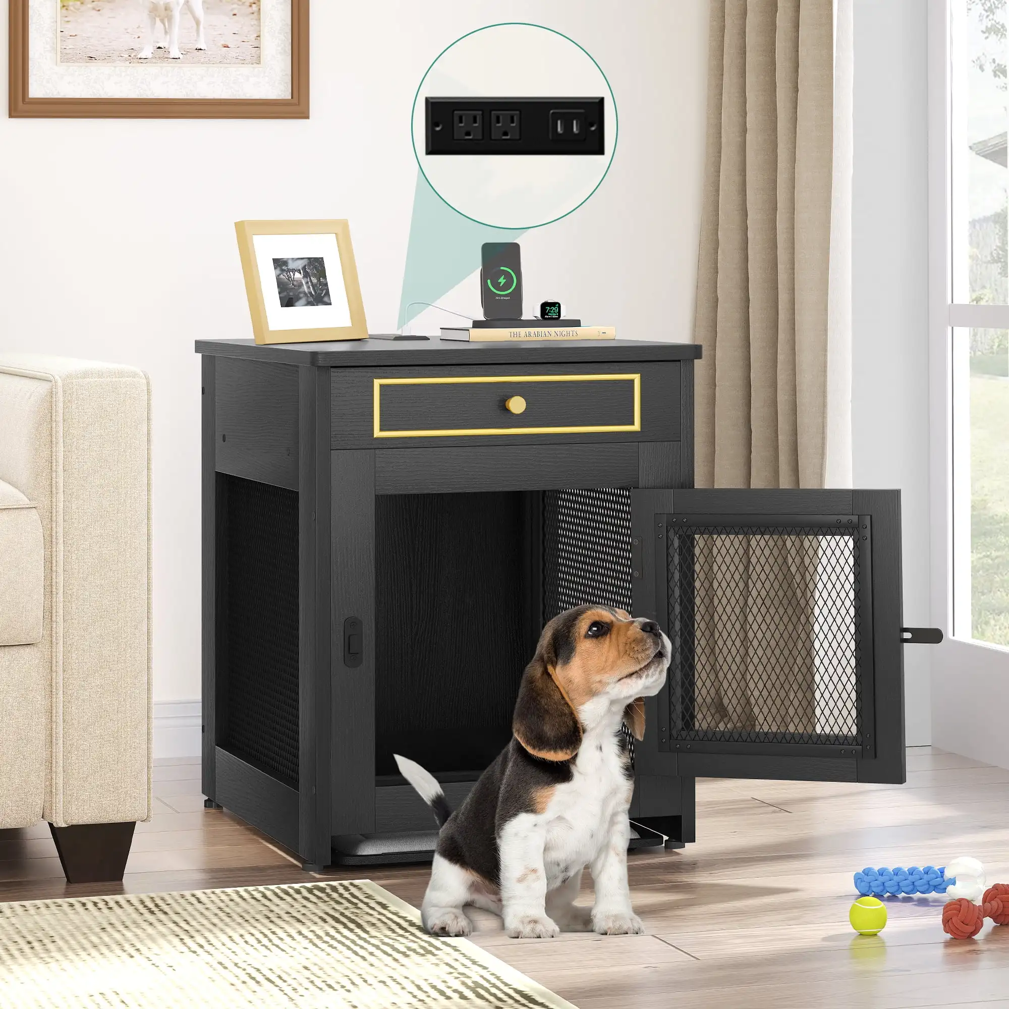 

Wooden Dog Kennel End Table with Dual USB Charger, Dog Crate Furniture, Drawer for Small Dogs Under 25 lbs Indoor Use, Black