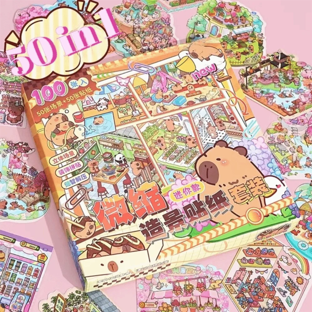 

50 in 1 Landscape Stickers Book Cartoon DIY Miniature Scene Collection PET Visual Stacking 3D Pocket Cabin Scene Stickers Kids