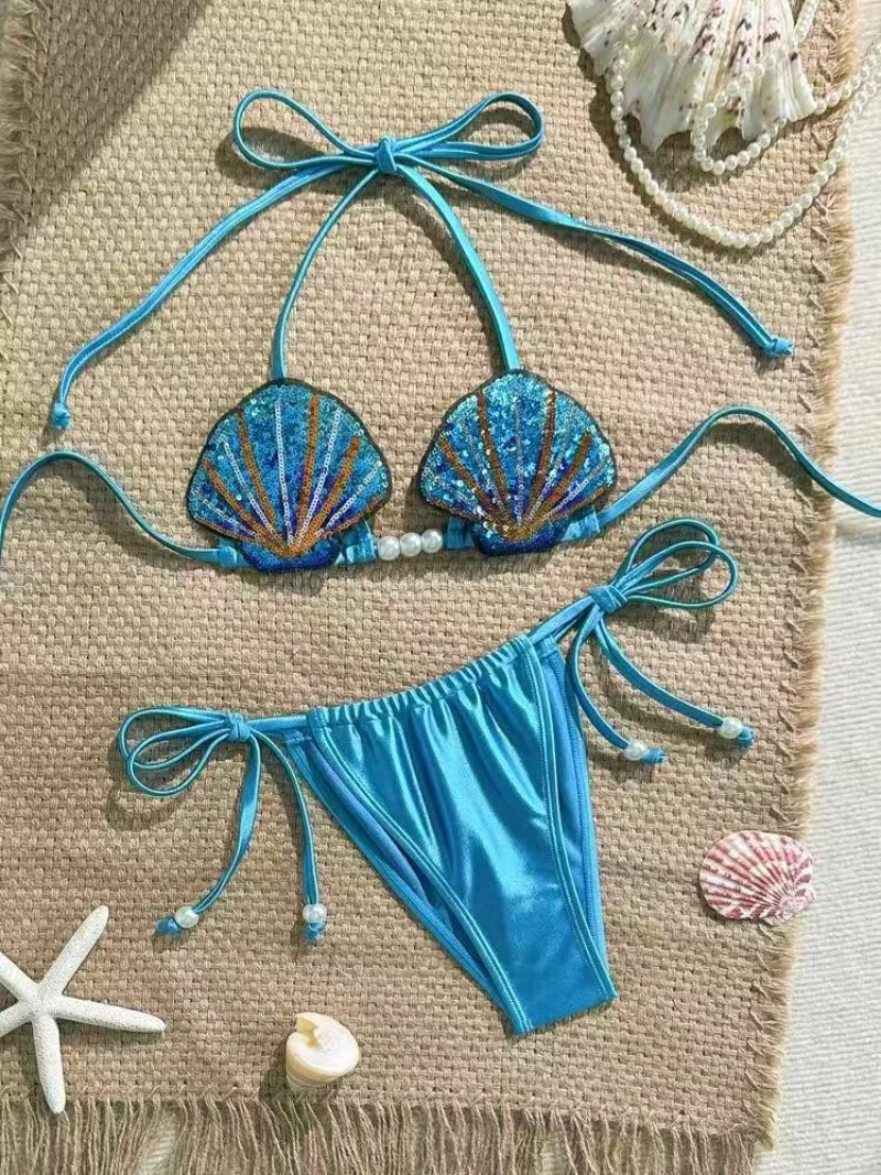 sexy blue glitter sequin shell pattern beads bikinis sets two pieces swimsuits bathing suit swimwear trikini biquini tankini